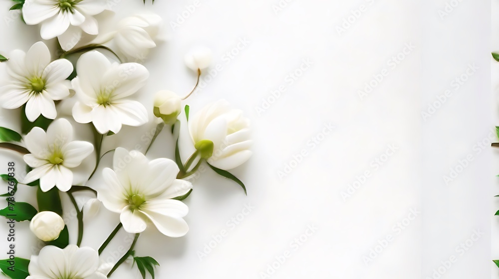 Obraz premium Elegant paper flowers and leaves on a pure white background. Generative AI