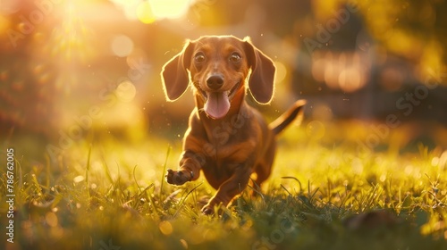 Dachshund puppy romping in yard during sundown with tongue hanging out photo