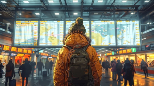An image of a cartoon tourist checking a giant, colorful map in the middle of a busy airport terminal photo