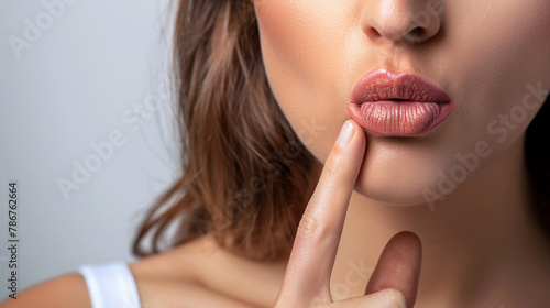 Close-Up of Woman's Finger on Mouth: Silence, Secret Concept  photo