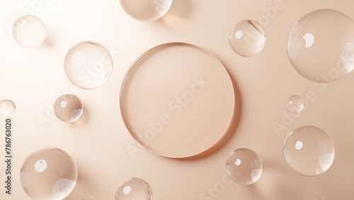 ベージュ背景に円形のガラスの台座。複数の球体が浮いている空間。俯瞰。3D（横長）