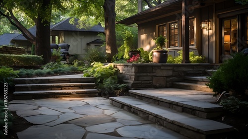 Front entrance luxury hardscaping with natural stone steps and wet laid flagstone  photo