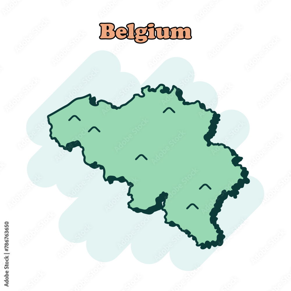 Obraz premium Belgium cartoon colored map icon in comic style. Country sign illustration pictogram. Nation geography splash business concept. 
