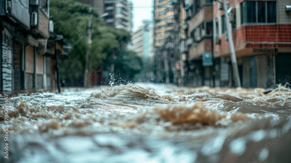 City street, flood and water with storm, extreme weather and natural disaster with rainfall, insurance claim and emergency. Taiwan, danger and global warming with road closure and property damage