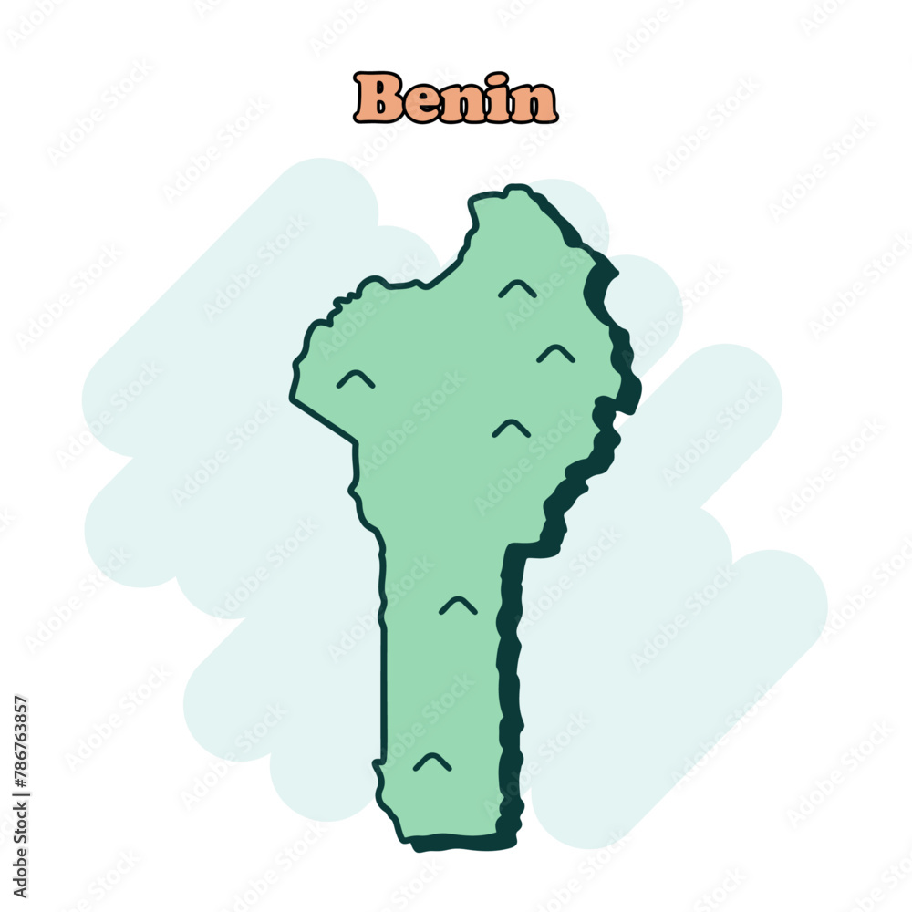 Benin cartoon colored map icon in comic style. Country sign illustration pictogram. Nation geography splash business concept.	
