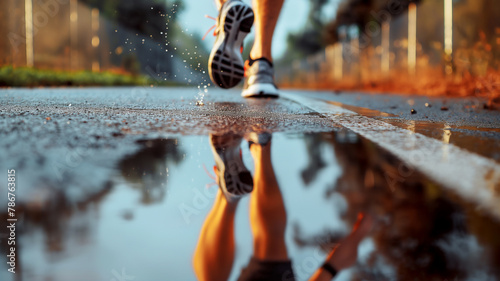Runner's legs in motion, splashing water on wet pavement, reflecting early morning light. © Ritthichai