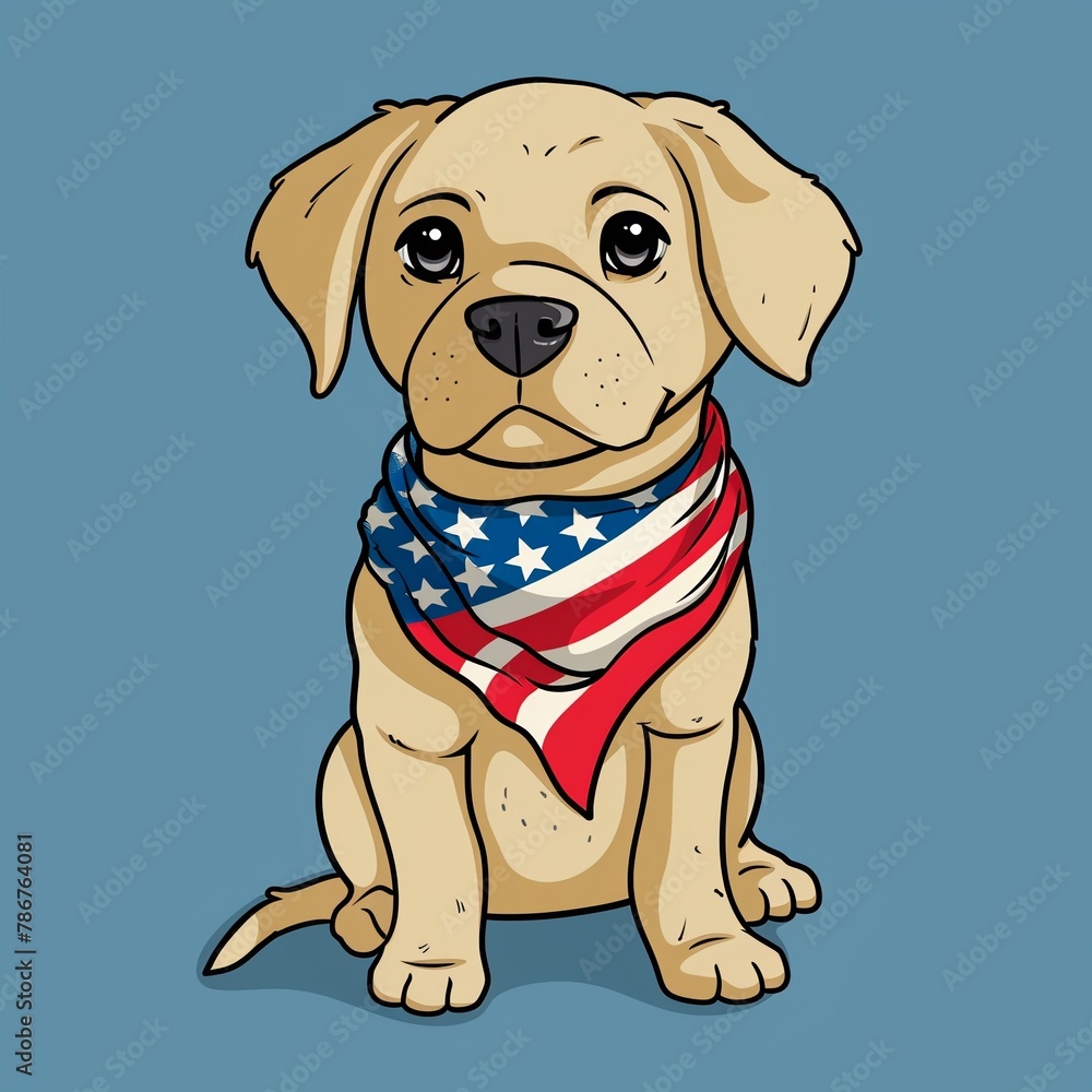 Fototapeta premium A cute dog wearing an American flag bandana, ready for a parade , simple vector cartoon
