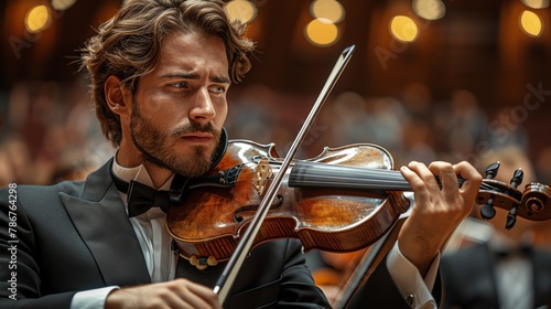 Elegant portrait of a classical violinist in midperformance, intense focus and emotion visible, with a softly blurred concert hall background