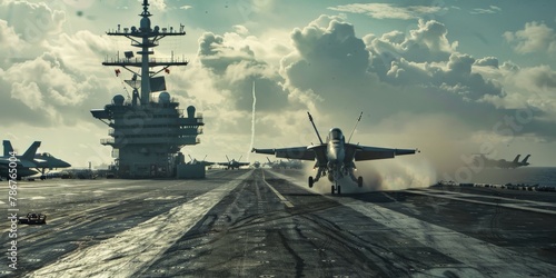 A powerful composition featuring a solitary jet in the foreground taking off, with the vast carrier and the expanse of the warzone stretching out in the background photo