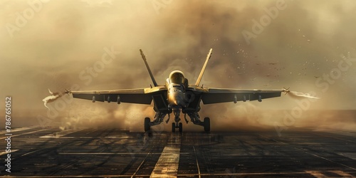 A powerful composition featuring a solitary jet in the foreground taking off, with the vast carrier and the expanse of the warzone stretching out in the background photo