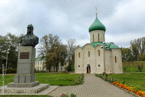 View of monument to Prince Alexander Nevsky and Spaso-Preobrazhensky Cathedral photo