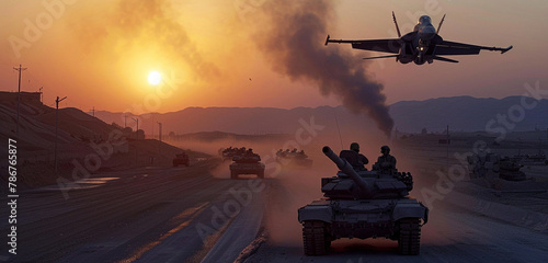  Against the backdrop of the setting sun, an army jet patrols the skies above a convoy of tanks on a desolate road, their mission cloaked in the colors of dusk. Smoke rises from a distant conflict