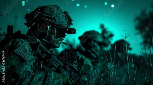 A stealthy night operation by modern special forces, equipped with night vision goggles and moving silently through a hostile environment, illustrating the precision