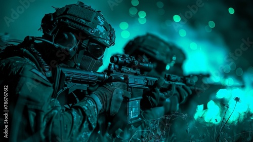 A stealthy night operation by modern special forces, equipped with night vision goggles and moving silently through a hostile environment, illustrating the precision photo
