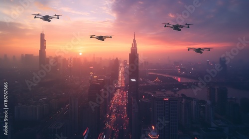 Drones Flying Over Urban Cityscape at Sunset