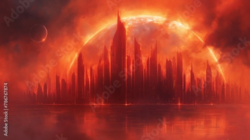 Futuristic Cityscape with Fiery Sky and Eclipse