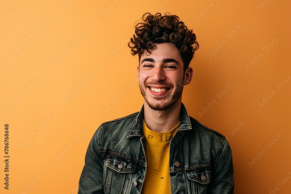 Cheerful young man laughing and looking at camera on orange background Cheerful young man laughing and looking at camera on orange background