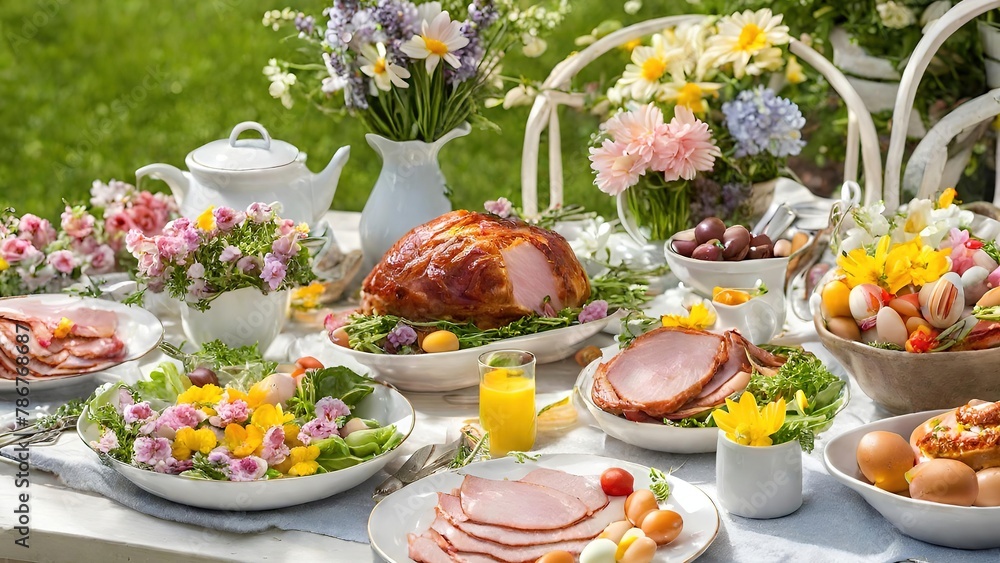 Easter-themed Table Setting adorned with Eggs, amidst a Delectable Spread featuring Gourmet Delights, Fresh Vegetables, and Appetizing Fish Easter-themed Table Setting adorned with Eggs, amidst a Delectable Spread featuring Gourmet Delights, Fresh Vegetables, and Appetizing Fish