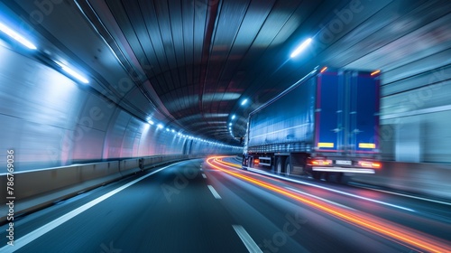 A truck speeding through a tunnel, the lines of lights along the walls stretching into streaks, emphasizing the feeling of acceleration and the journey through the arterial roads of commerce. photo