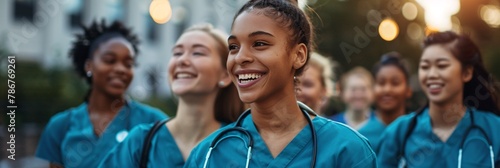 Diverse team of young women medical students in scrubs walking on a university hospital campus photo