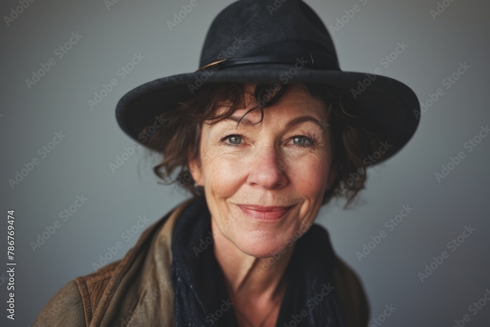Portrait of a senior woman wearing hat and scarf against grey background Portrait of a senior woman wearing hat and scarf against grey background