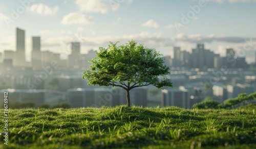 A tree in the middle of a grass field with a city on the back, nature, green, beautiful view, created with AI