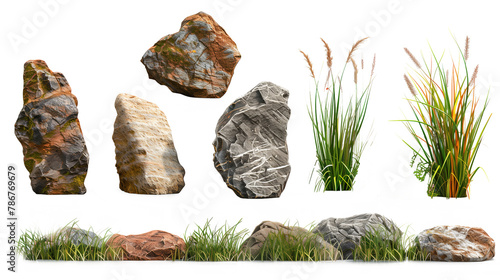 Assorted Isolated Rocks and Plants on Transparent Background - A Transparent PNG Collection of Realistic Stones and Greenery for Landscaping Design