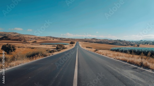 An empty, open road stretching into the horizon under a clear sky, the simplicity of the scene evoking a sense of freedom and endless possibility.
