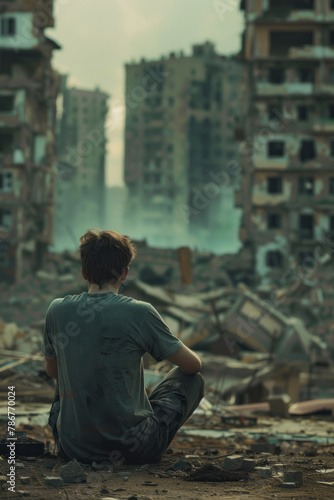 A man sits on the ground in front of a city reduced to rubble, looking sadly at his surroundings. © Duka Mer