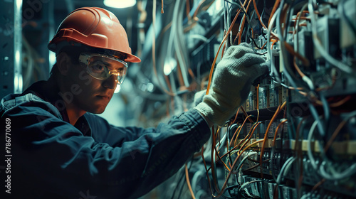 Professional electrician works in a switchboard with many electrical connection cables. Electrical repairman to prevent accidents Must have complete protective. photo