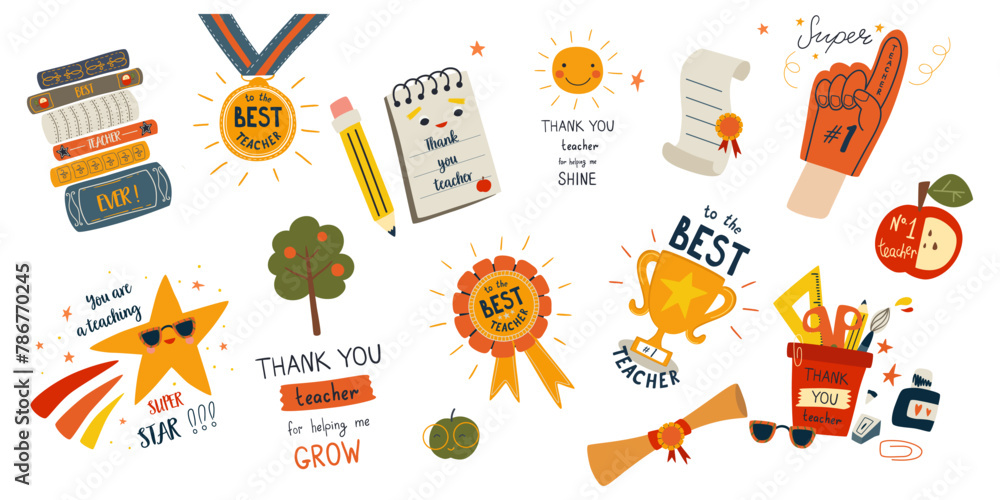 Fototapeta premium Thank you teacher set of cute greeting cards with apple, books, star, medal, champion cup, stationery supplies, notes. Vector cartoon teachers day awards collection isolated on white background.