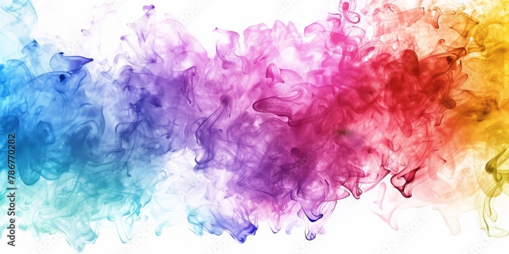 A vibrant, abstract background features a color explosion with smoke and a splash of watercolor in rainbow hues.