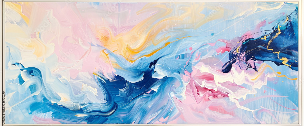 A captivating abstract painting comes to life with swirls of vibrant blue, delicate pink, sunny yellow, and crisp white dancing across a soothing beige and pink background. 