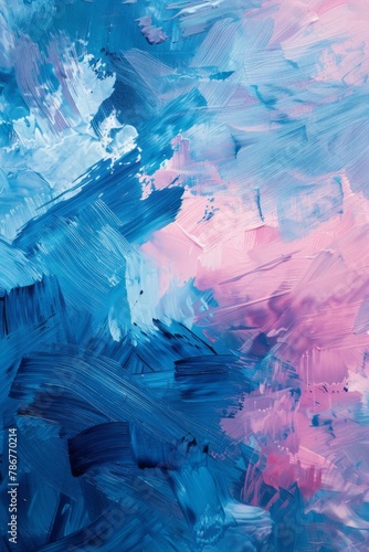 A background in blue and pink displays brush strokes, forming an abstract pattern.