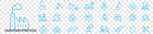 Factory icon set. Industry factory mass production manufacture machine fabrication goods editable stroke line vector icons collection.