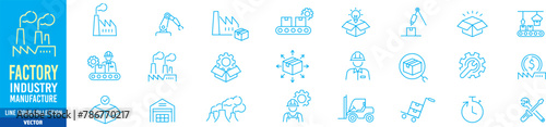 Factory icon set. Industry factory mass production manufacture machine fabrication goods editable stroke line vector icons collection.