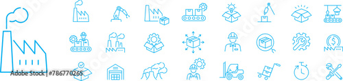 Factory icon set. Industry factory mass production manufacture machine fabrication goods editable stroke line vector icons collection.