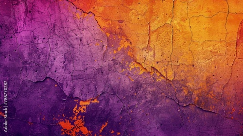 An abstract background features orange and yellow paint texture and cracks  alongside an orange and purple color gradient.