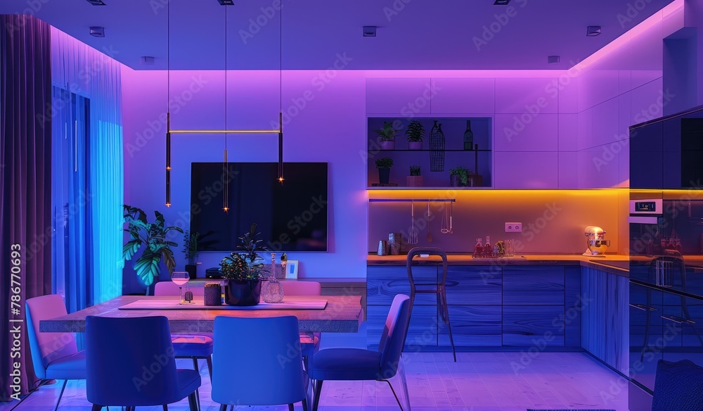 Futuristic interior living room design with neon lights, created with AI Futuristic interior living room design with neon lights, created with AI