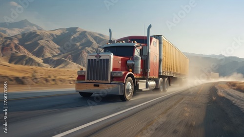 An iconic, brightly colored truck cruising along a desert freeway, the heat haze and the blurred scenery alongside creating a sense of speed and the timeless allure of cross-country trucking. photo