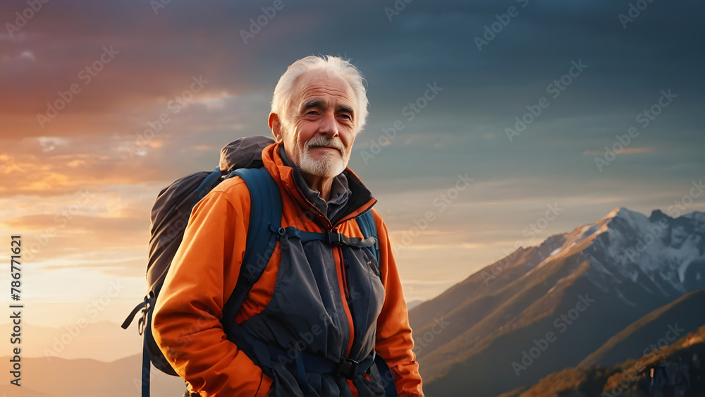 An elderly man dressed as a climber on top of a mountain with sunlight in the background