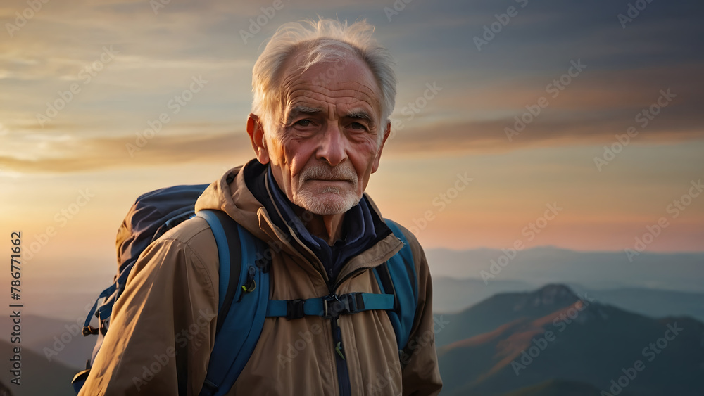 An elderly man dressed as a climber on top of a mountain with sunlight in the background