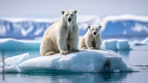 Polar bear and cub on an ice floe with glacier background. Wildlife and climate change concept. Design for conservation and environmental awareness campaigns. 