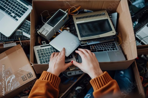 womans hands putting old laptop and electronic devices in box for recycling ewaste concept photo