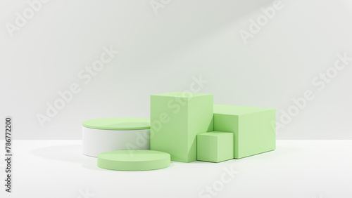 3D rendering abstract white and green shape podium Perfect platforms for showing your beauty products on white background