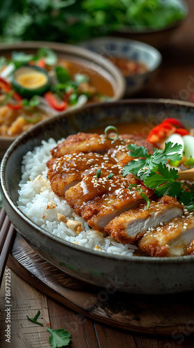 Beautiful presentation of Chicken katsu curry, hyperrealistic food photography