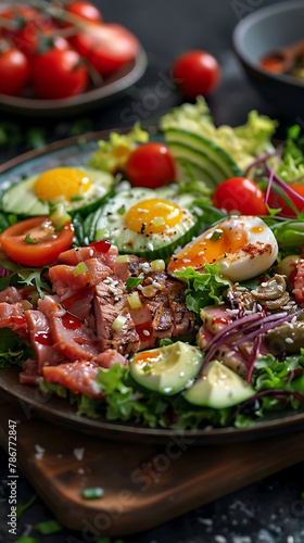 Beautiful presentation of Cobb Salad, hyperrealistic food photography