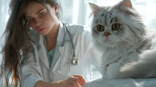 Beautiful young woman, owner of a Persian cat, goes for a health check at a modern veterinary clinic.
