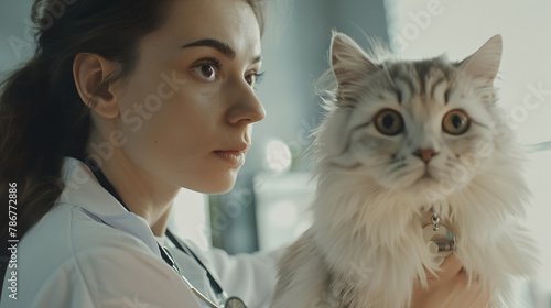Beautiful young woman, owner of a Persian cat, goes for a health check at a modern veterinary clinic.