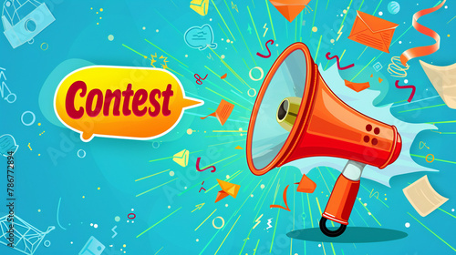 Microphone Contest Announcement "Contest" text, Exciting Prizes, rewards